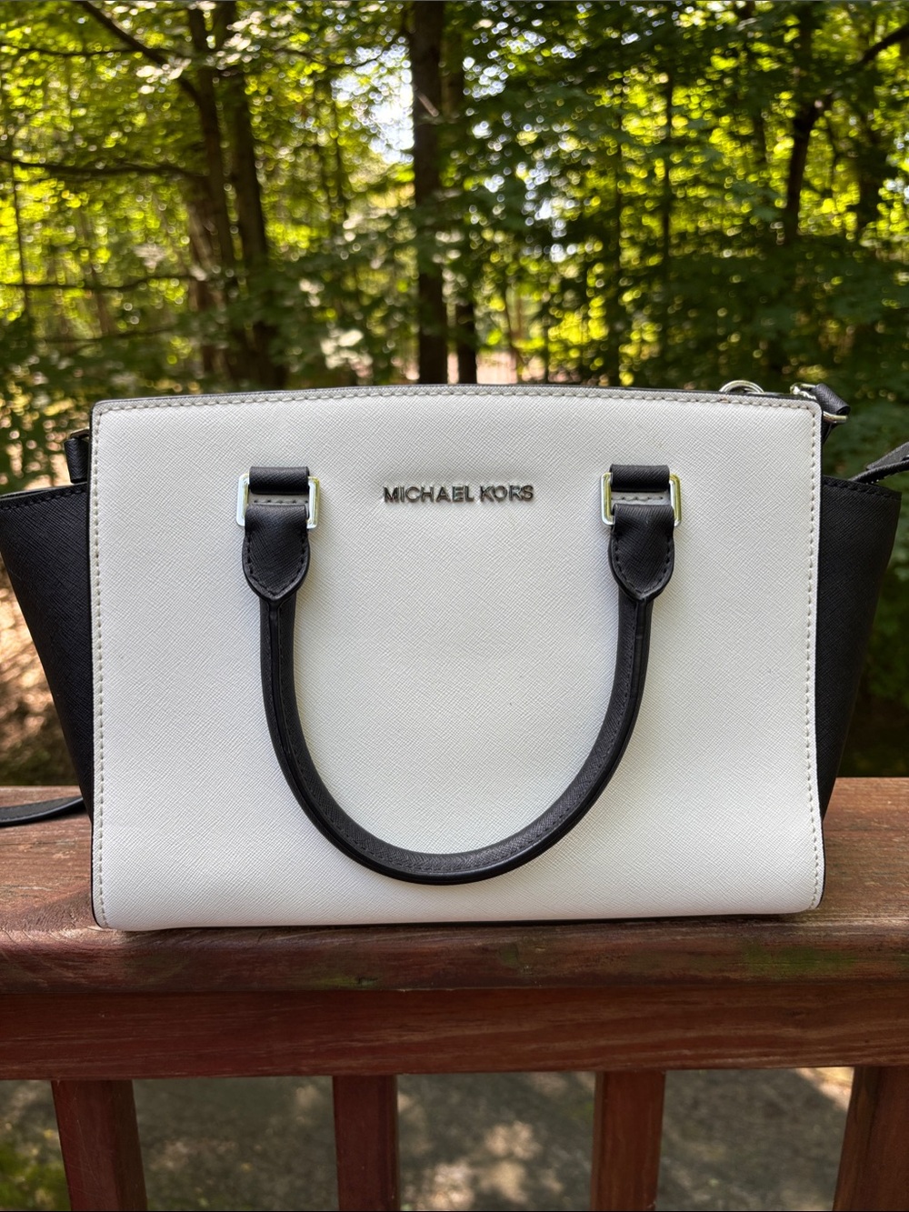 Michael Kors White and Black Saffiano Leather Satchel